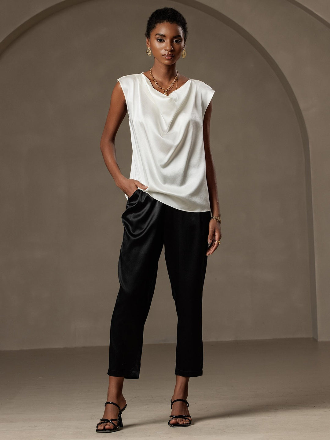 Heidi-Mode | Seiden Kappenärmel Halskragen Tanktop Bluse