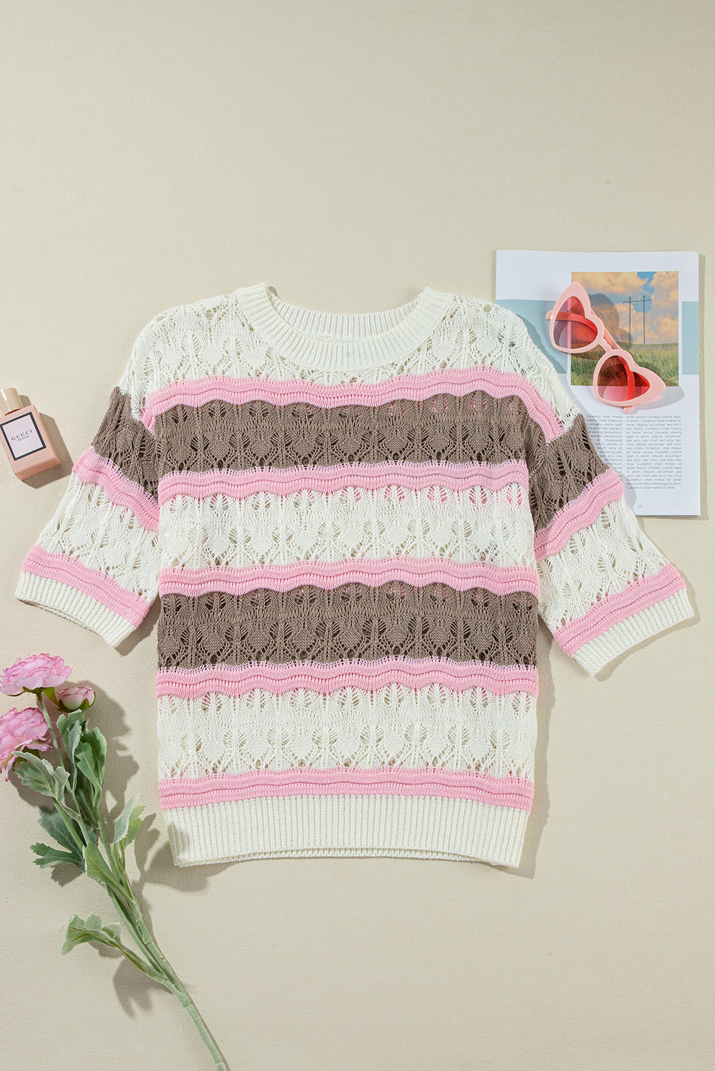 Stripe Color Block Hollow Out Crochet Half Sleeve Pullover