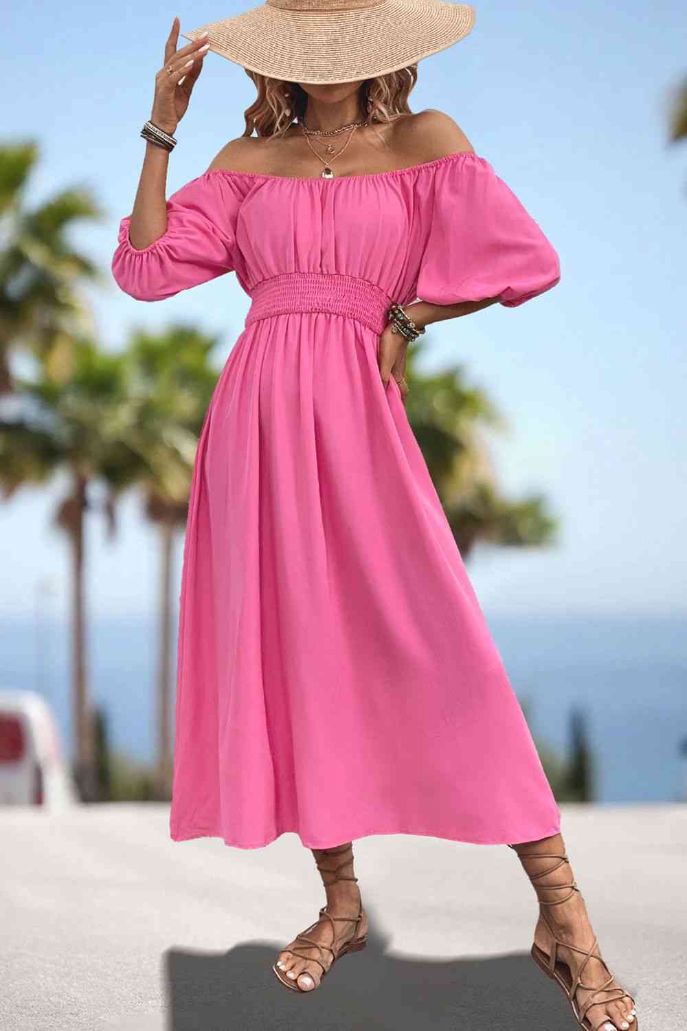 Heidi-Mode | Quadrat-Ausschnitt Geraffte Taille Puffärmeln Midi Kleid
