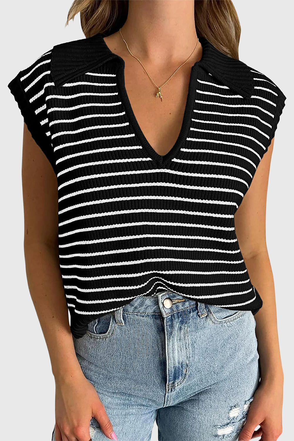 Gestreiftes Pullover-Tank-Top Mit V-Ausschnitt