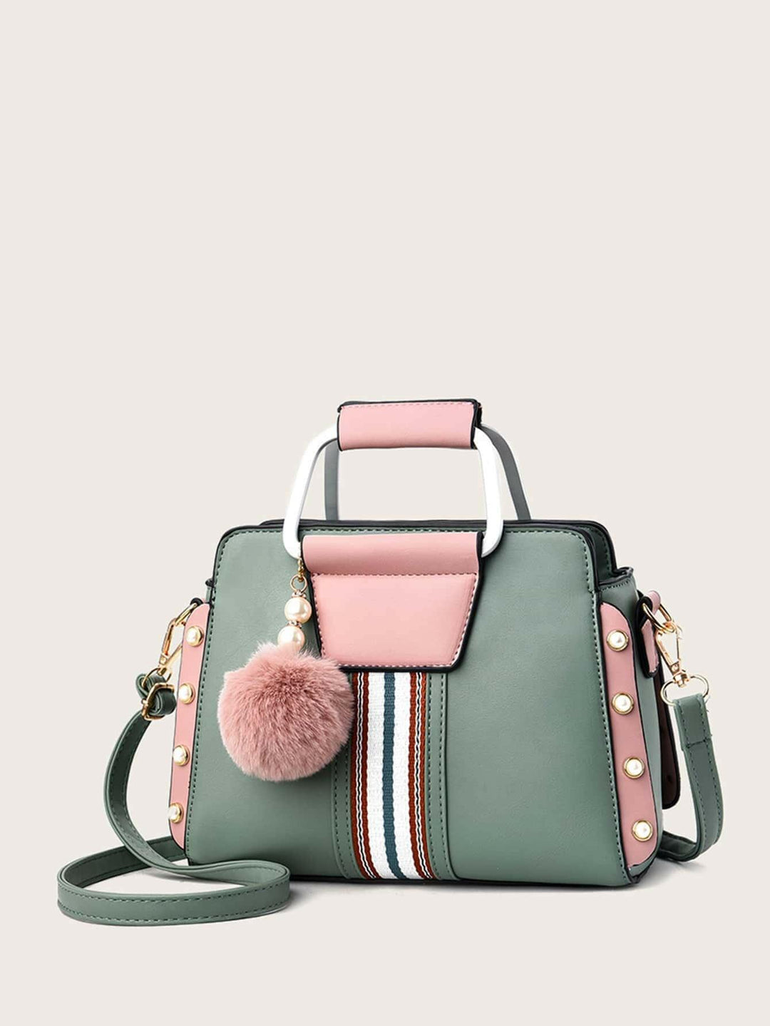 Heidi-Mode | Chic Quadrat Tasche In Helles Grün Polyester mit Verspielt Pom