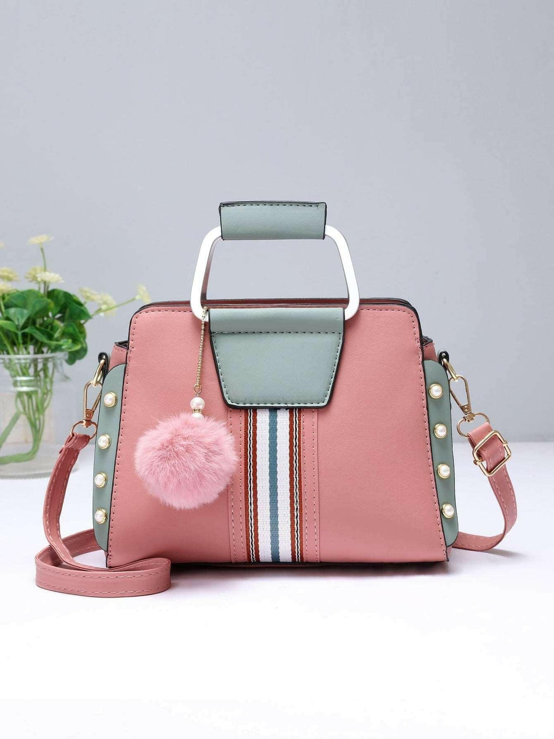 Heidi-Mode | Chic Quadrat Tasche In Helles Grün Polyester mit Verspielt Pom