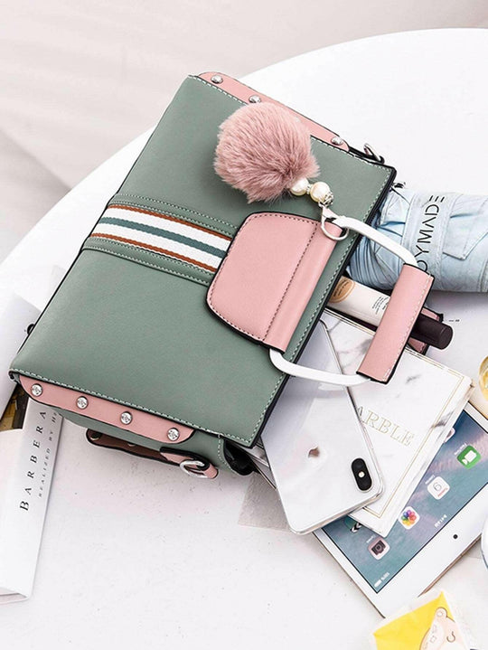 Heidi-Mode | Chic Quadrat Tasche In Helles Grün Polyester mit Verspielt Pom