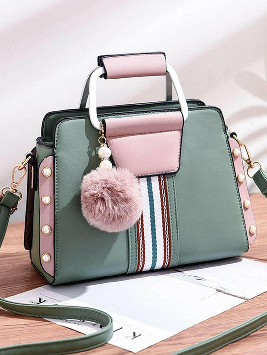 Heidi-Mode | Chic Quadrat Tasche In Helles Grün Polyester mit Verspielt Pom