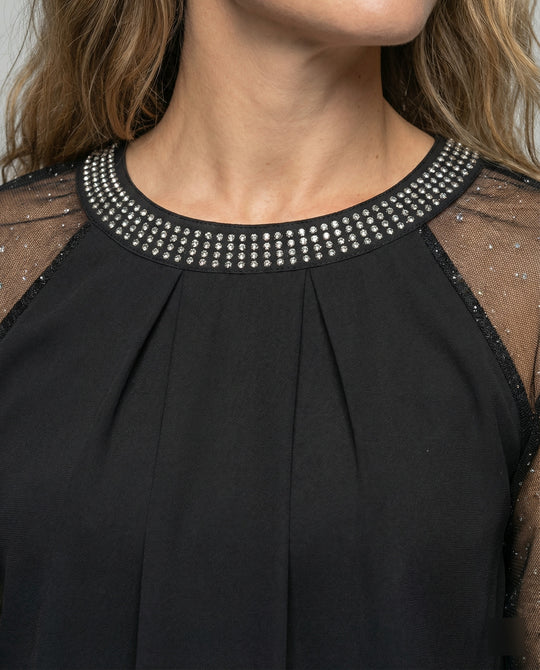 Damen Elegantes Mesh-Top mit Pailletten & Transparenten Ärmeln | Heidi-Mode