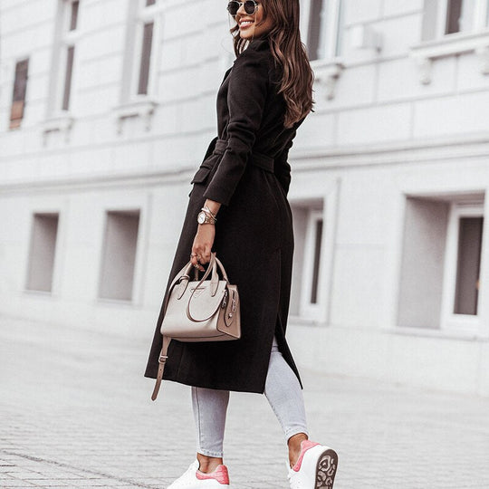 Heidi-Mode | Formeller Langmantel - Taillengürtel und Reverskragen-Design