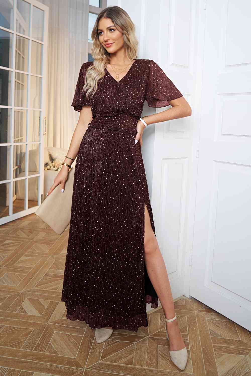 Heidi-Mode | V-Ausschnitt Hohe Spalte Glitzer Maxi Kleid
