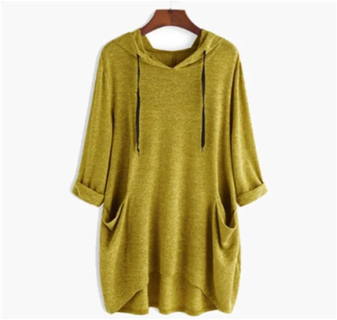 Heidi-Mode | Damen Hoodie Einfarbig Lässige Passform mit Ungleichmäßigem Taschen