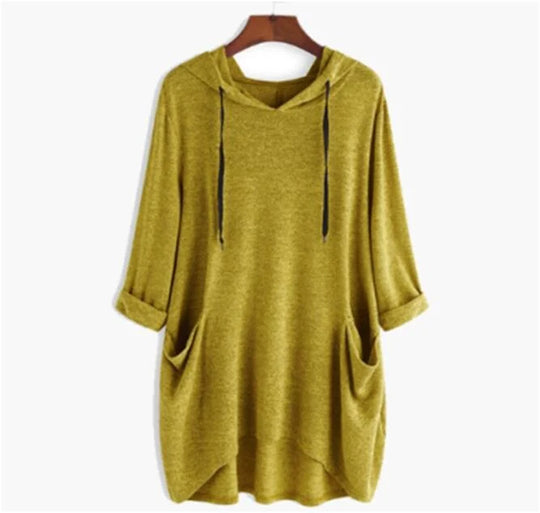 Heidi-Mode | Damen Hoodie Einfarbig Lässige Passform mit Ungleichmäßigem Taschen