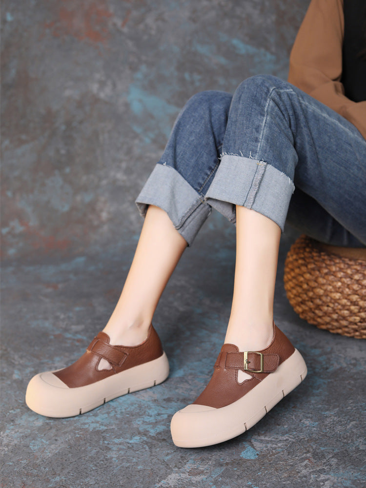 Heidi-Mode | Damenmode Rundkopf Handgefertigt Leder Schnalle mit Klettverschluss Flache Schuhe