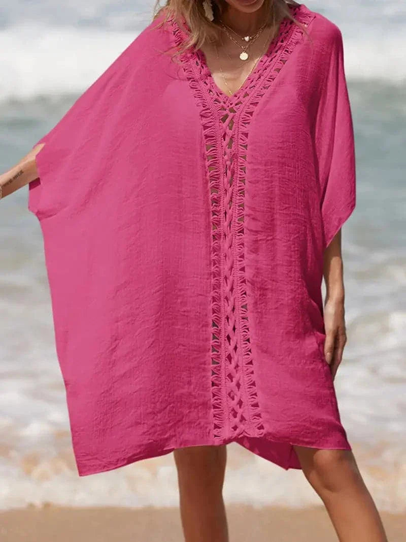 Heidi-Mode | Strand Kimono Leicht und Luftig V-Ausschnitt mit Spitzen Details Kurze Ärmel