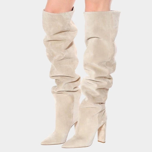 Heidi-Mode | Damen Matte Über Das Knie Dicke Absatz Hohe Stiefel Plissierte Stiefel