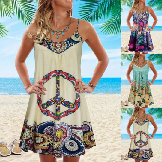 Heidi Mode | Bedrucktes lockeres Strandkleid mit ärmellosen Trägern