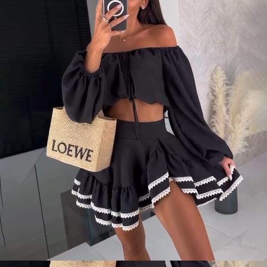 Heidi-Mode | Off Shoulder Crop Top und Rock Satz