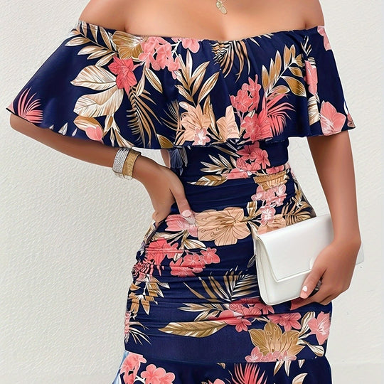 Heidi-Mode | Schulter Kleid mit Blumen Sexy Bodycon mit Raffung für Frühling und Sommer