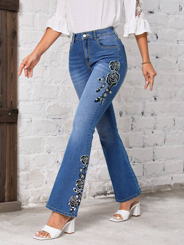 Heidi-Mode | Bestickte Jeans mit Weiten Beinen Retro Bluebell Stil