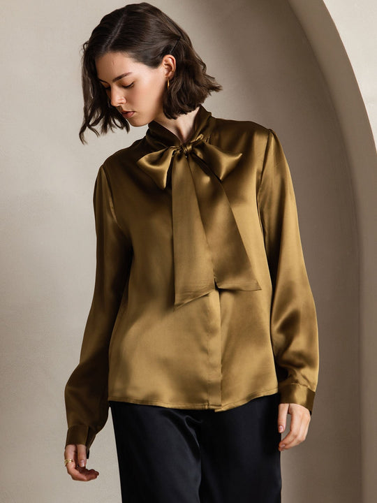 Heidi-Mode | Damen Elegante Seidenbluse mit Schlipskragen und Langen Ärmeln