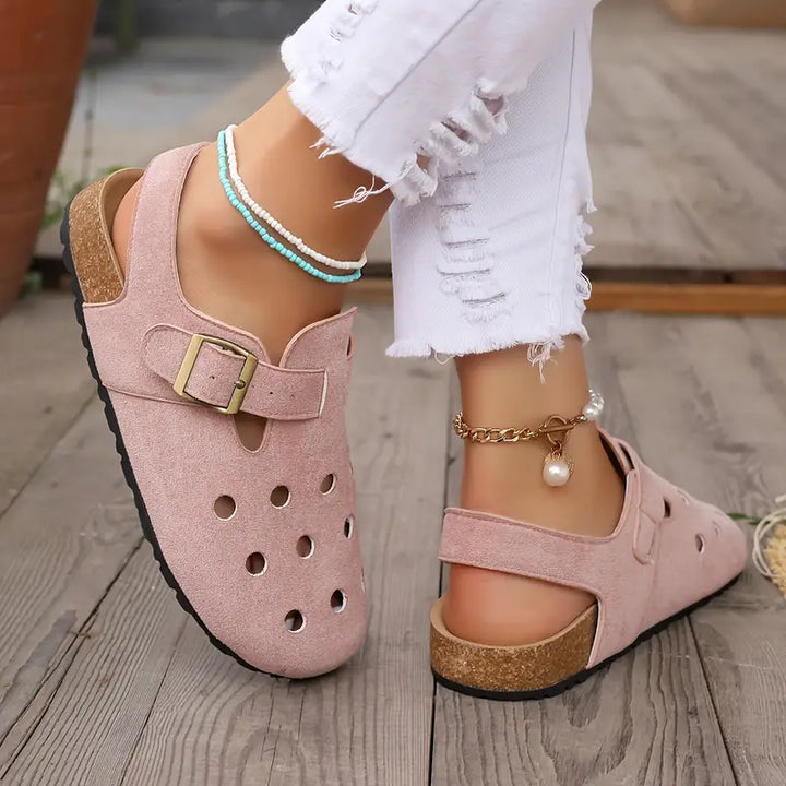 Retro-Hohlkork-Clogs mit Schnallenriemen an der Spitze