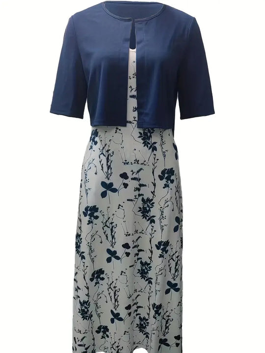 Heidi-Mode | Elegante Zweiteilige Blumenkleid-Set mit Einfarbigem Crop-Top und Rundhalskleid