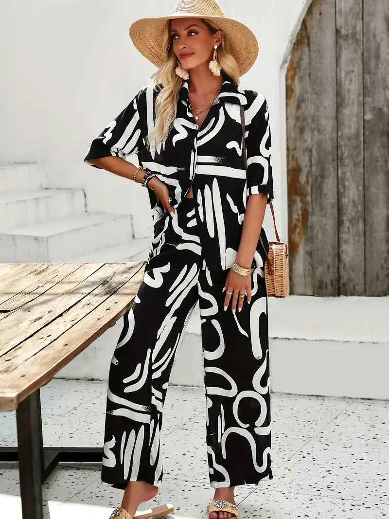 tweedelige set met all-over print, shirt en broek met knoopsluiting