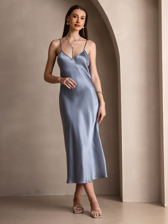 Heidi-Mode | Lange Seidenkleid mit Spaghetti-Träger