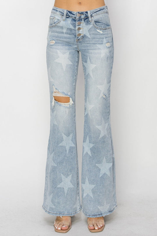 Heidi-Mode | Risen Mid Rise Knopfverschluss Start Druck Flare Jeans