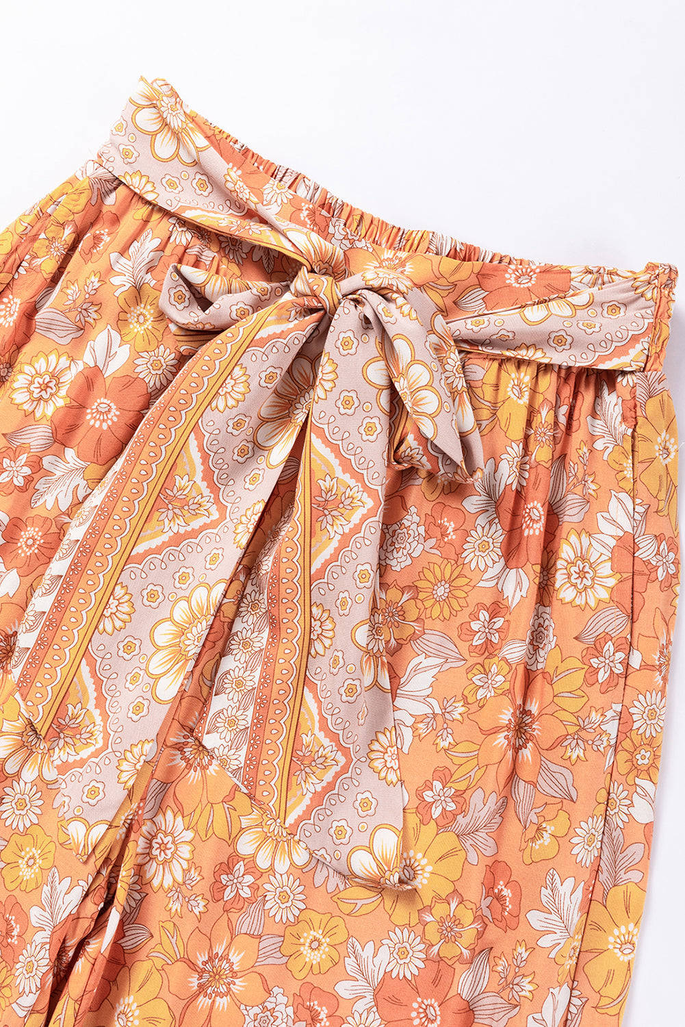 Orange Krawatte Taille Boho Floral Wide Leg Hose