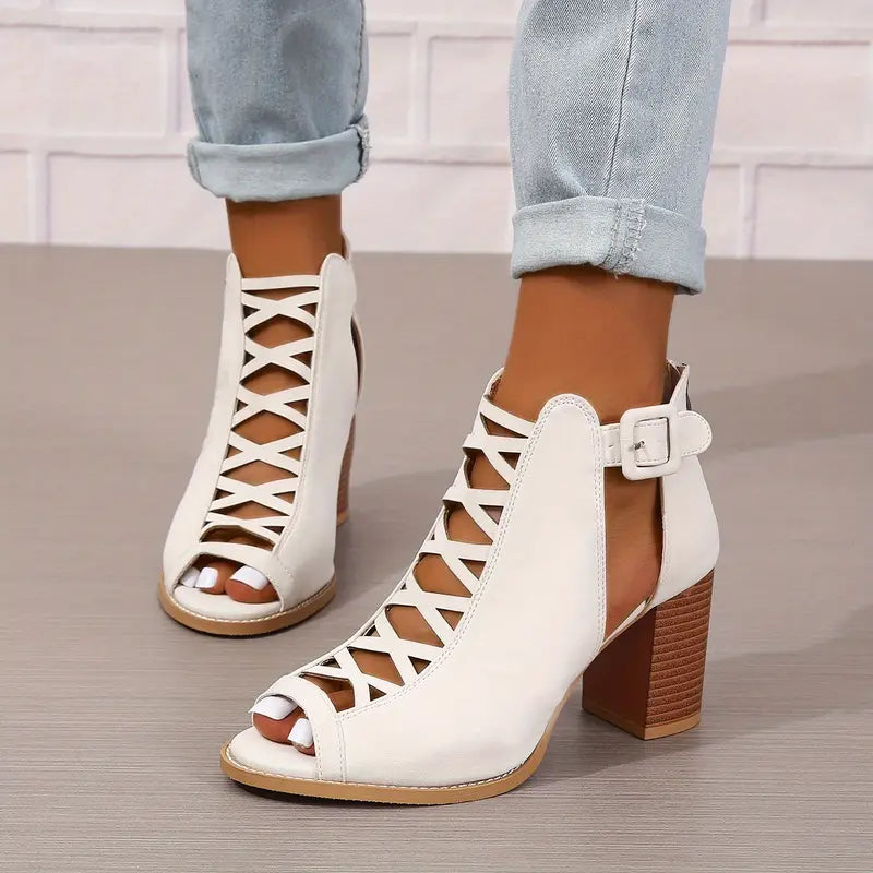Heidi-Mode | Wunderschöne Peep Toe Sandalen Vintage Stil mit Dickem Absatz