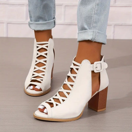 Heidi-Mode | Wunderschöne Peep Toe Sandalen Vintage Stil mit Dickem Absatz