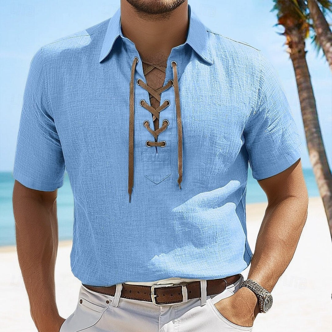 Heidi Mode | Leinen Revers Tether V-Ausschnitt Kurzarm-Shirt