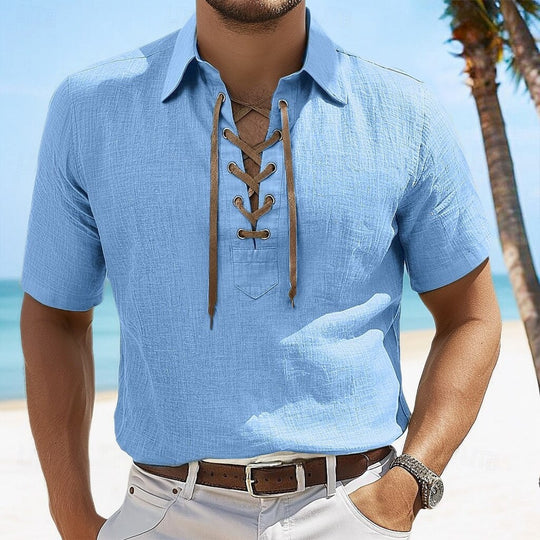 Heidi Mode | Leinen Revers Tether V-Ausschnitt Kurzarm-Shirt