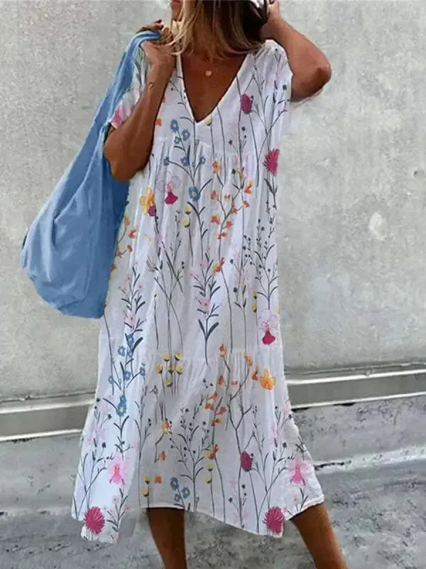 Heidi-Mode | Boho-Strandkleid für Frauen Sommerkleid mit V-Ausschnitt und Kurzen Ärmeln mit Floralem Muster