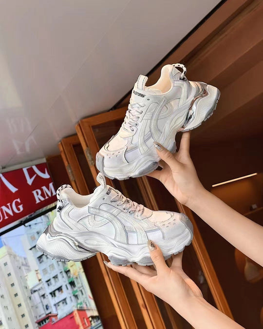 Heidi-Mode | Echtes Leder Plattform Lässige Verblasste Effekt Klobige Sneakers Frauen