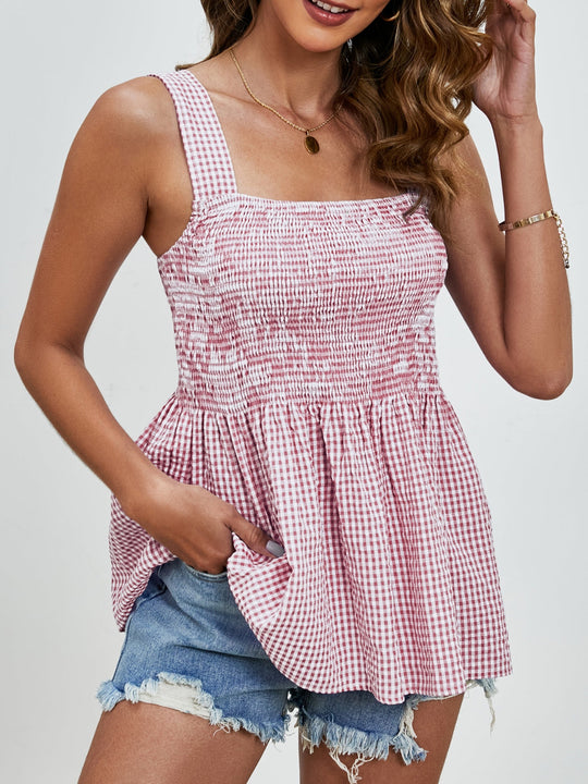 Heidi-Mode | Geraffte Karos Quadrat-Ausschnitt Tanktop
