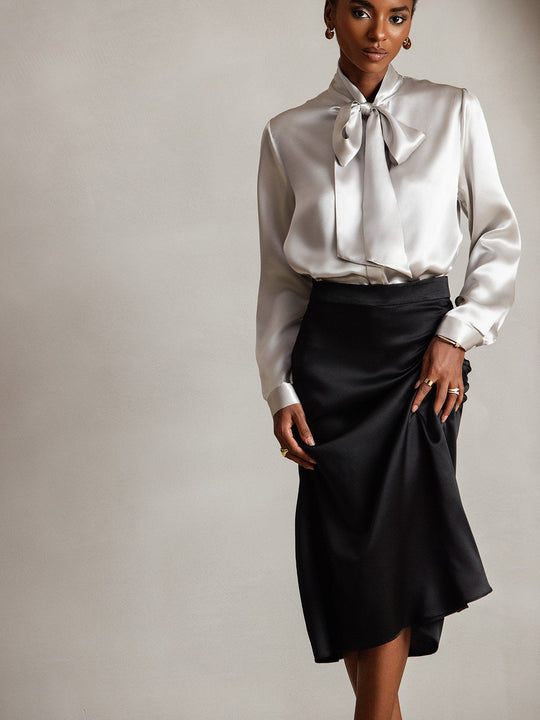 Heidi-Mode | Damen Elegante Seidenbluse mit Schlipskragen und Langen Ärmeln