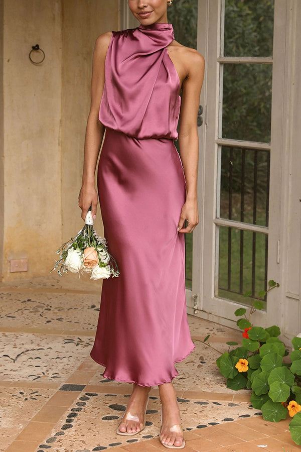 Heidi-Mode | Perfectly Yours Hoher Hals Satin Drapiert Maxi Kleid