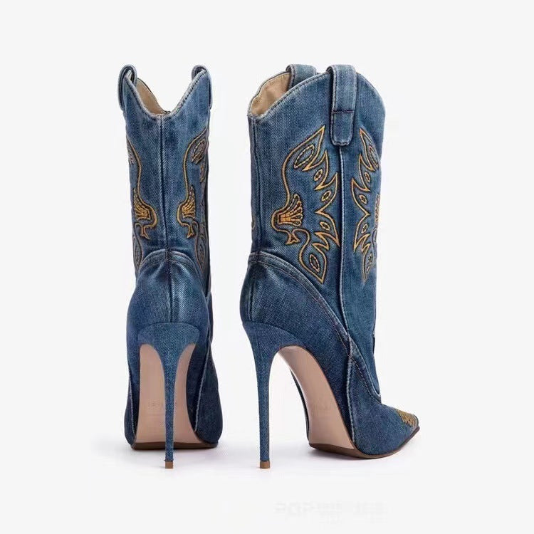 Heidi-Mode | Damenmode Western Denim Stil High Heels Stiefel