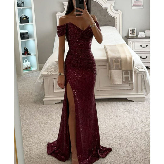 Heidi-Mode | Abendkleid Damen Schulterfreies Glitzer Maxikleid mit Schlitz für Hochzeit & Fest