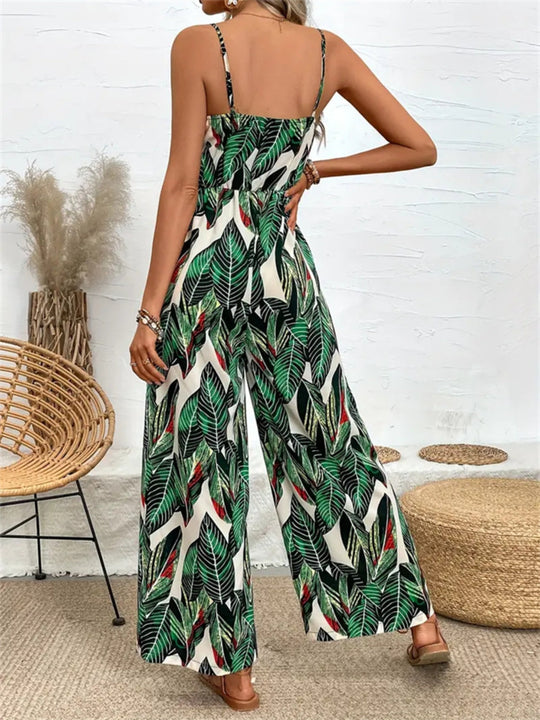 Heidi-Mode | Tropenprint Spaghetti Träger Weitbeiniger Jumpsuit