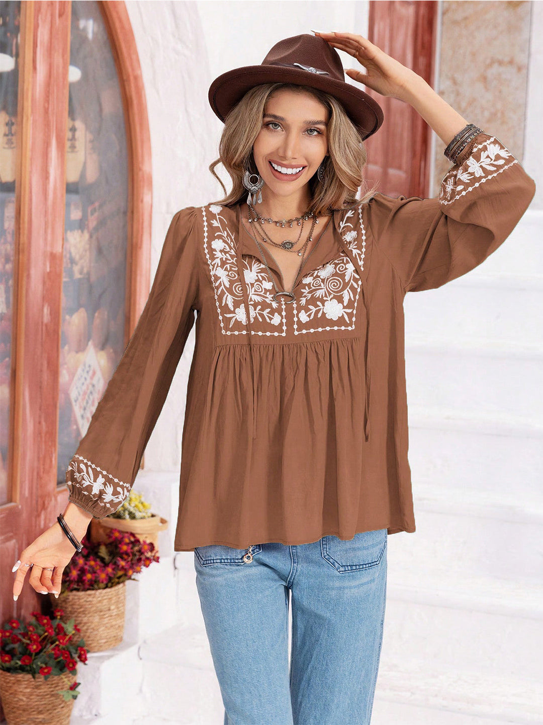 Heidi-Mode | Florale Bindekragen Bluse mit Ballonärmeln