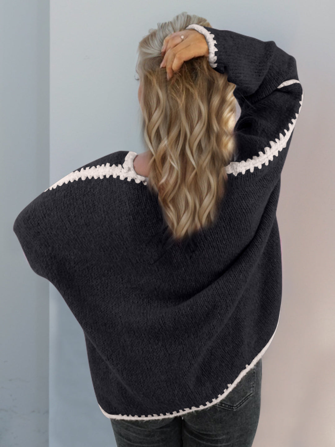 Heidi-Mode | Double Take Kontrast Offene Vorderseite Herunterfallende Schulter Strickjacke