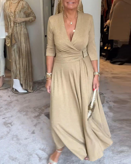 Heidi-Mode | Elegantes, Einfarbiges Kleid mit V-Ausschnitt und Dreiviertelärmeln