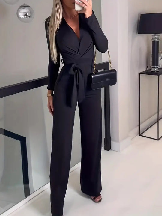 Slim elegance weit ausgestellter Gürtel mit V-Ausschnitt Jumpsuit