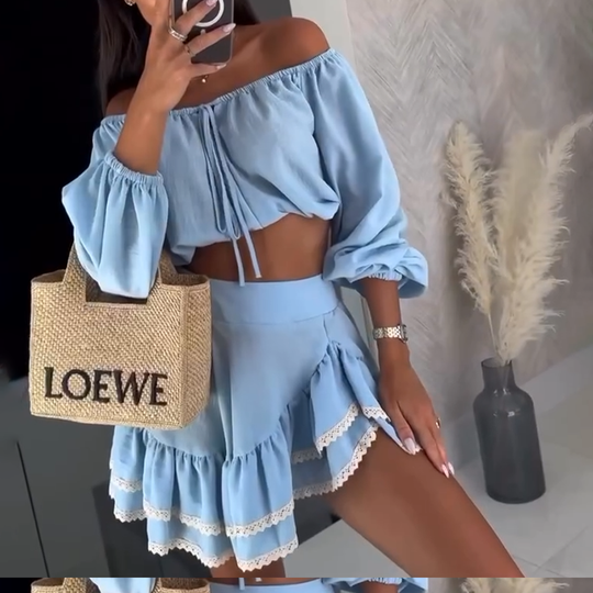 Heidi-Mode | Off Shoulder Crop Top und Rock Satz