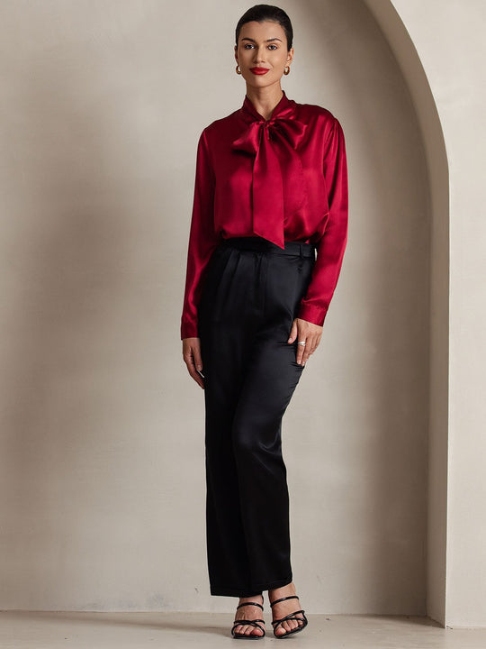Heidi-Mode | Damen Elegante Seidenbluse mit Schlipskragen und Langen Ärmeln