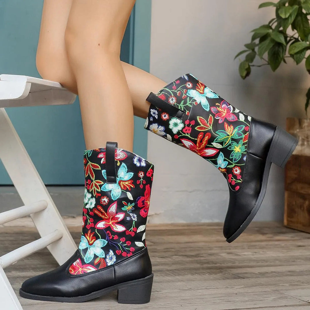 Heidi-Mode | Mittelhoch Stiefel mit gestickten Blumen und runder Spitze