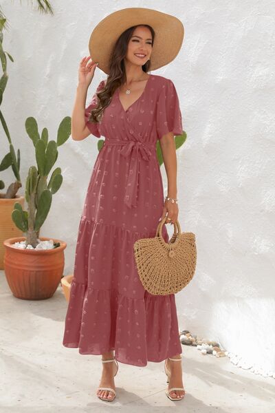 Heidi-Mode | Swiss Dot Gebunden Surplice Kurzarmkleid
