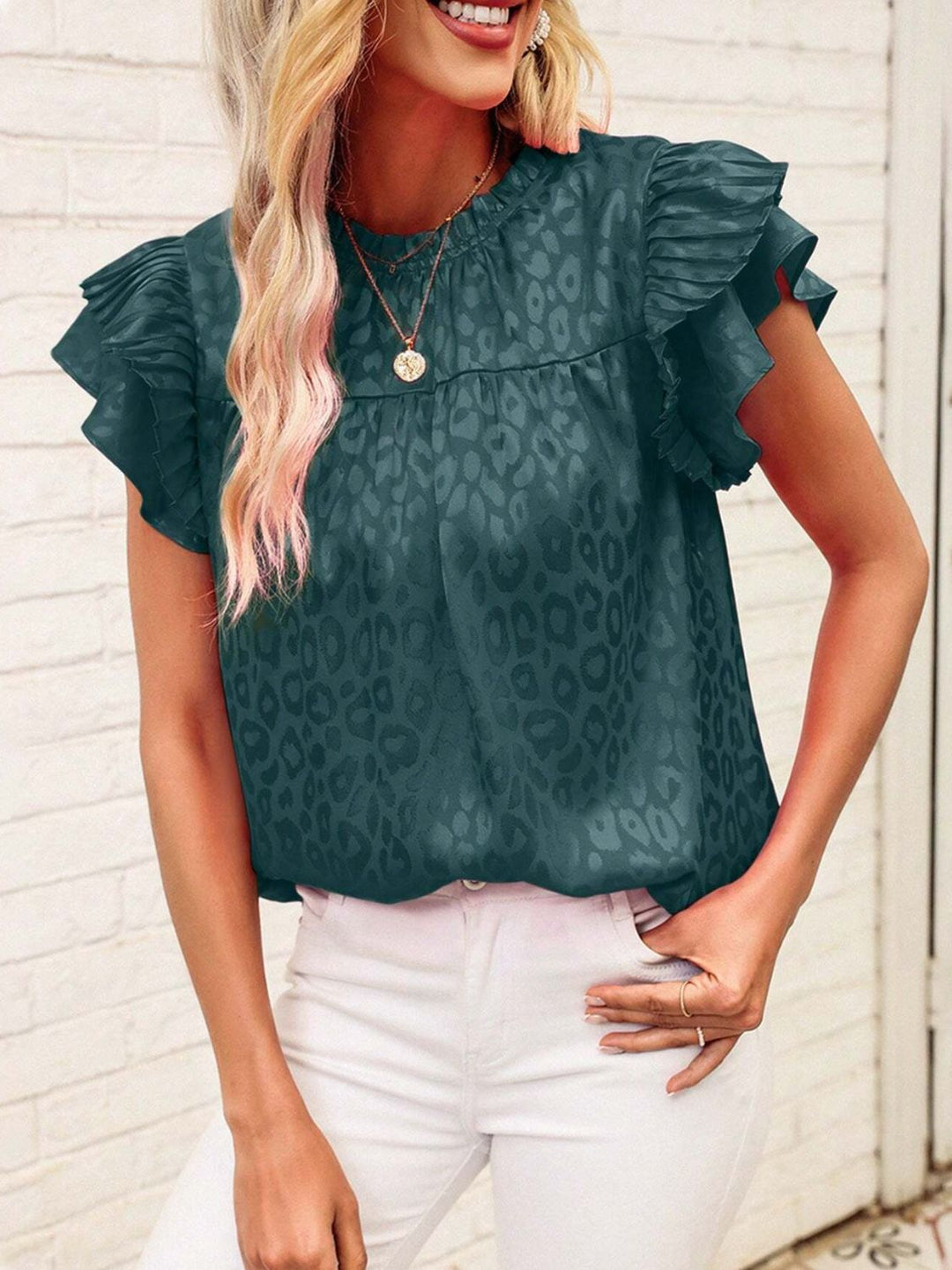 Heidi-Mode | Leopard Frill Mock Neck Rüschenshirt mit Cap Sleeves