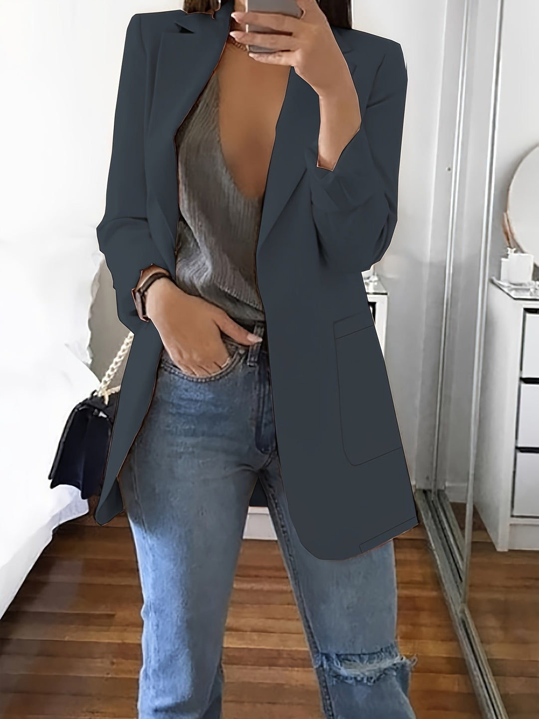 Heidi-Mode | Eleganter Einfarbiger Business-Blazer Mit Offener Vorderseite - Ideal Für Alle Jahreszeiten