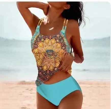 Heidi-Mode | Retro Hochgeschnittene Bikini mit Stranddruck